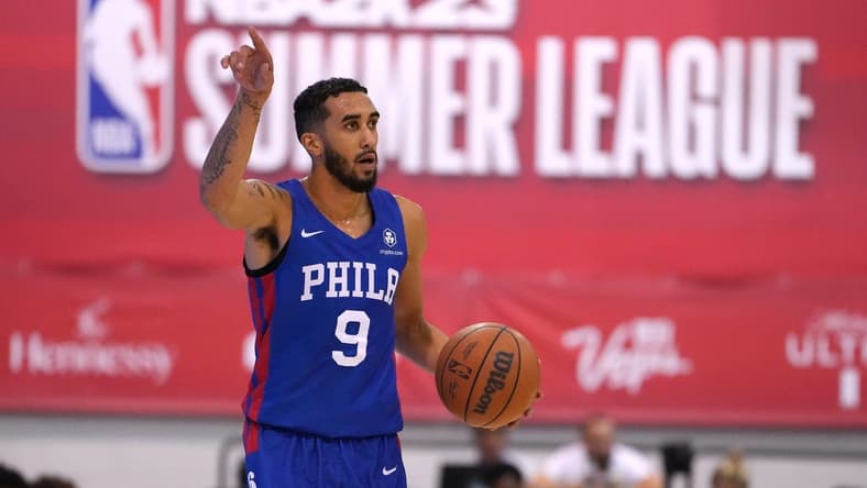 Jul 16, 2022; Las Vegas, NV, USA; Philadelphia 76ers guard Trevelin Queen (9) dribbles against the Chicago Bulls during an NBA Summer League game at Cox Pavillion. Mandatory Credit: Stephen R. Sylvanie-USA TODAY Sports