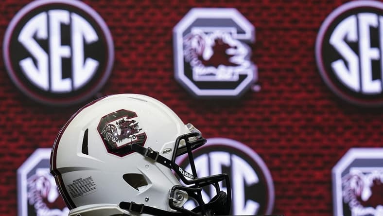 Jul 19, 2022; Atlanta, GA, USA; The South Carolina helmet on the stage during SEC Media Days at the College Football Hall of Fame. Mandatory Credit: Dale Zanine-USA TODAY Sports