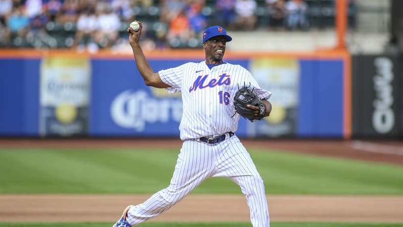 Aug 27, 2022; New York City, New York, USA; Former Major League Baseball pitcher Dwight Gooden pitches at the New York Mets Old Timers Day game at Citi Field. Mandatory Credit: Wendell Cruz-USA TODAY Sports