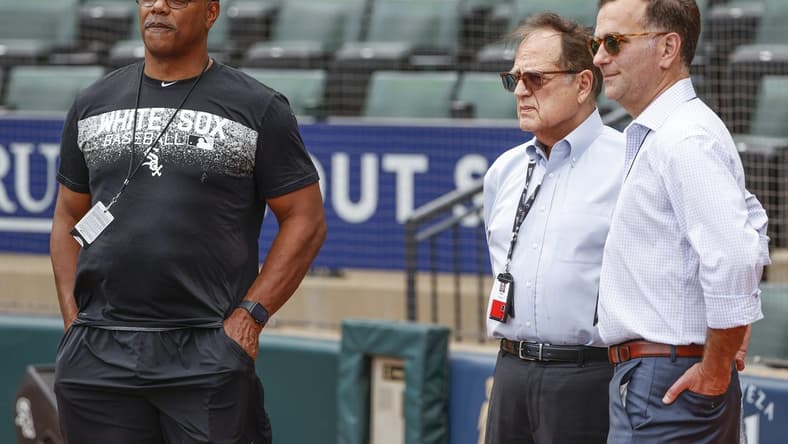 Sep 2, 2022; Chicago, Illinois, USA; Chicago White Sox executive vice president Ken Williams (L) owner Jerry Reinsdorf (C) and general manager Rick Hahn (R) stand on the sidelines before a baseball game against Minnesota Twins at Guaranteed Rate Field. Mandatory Credit: Kamil Krzaczynski-USA TODAY Sports