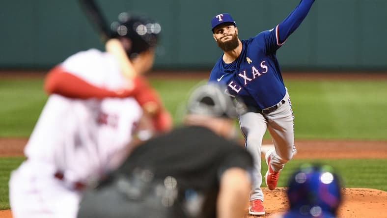 Sep 2, 2022; Boston, Massachusetts, USA; Texas Rangers starting pitcher Dallas Keuchel (60) pitches against the Boston Red Sox during the first inning at Fenway Park. Mandatory Credit: Brian Fluharty-USA TODAY Sports