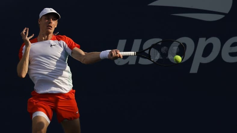 Sep 3, 2022; Flushing, NY, USA; Denis Shapovalov (CAN) hits a forehand against Andrey Rublev hits a backhand against Denis Shapovalov (CAN) (not pictured) on day six of the 2022 U.S. Open tennis tournament at USTA Billie Jean King Tennis Center. Mandatory Credit: Geoff Burke-USA TODAY Sports