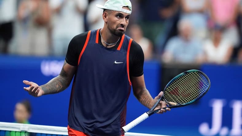 Sep 4, 2022; Flushing, NY, USA; Nick Kyrgios of Australia reacts to defeating Daniil Medvedev on day seven of the 2022 U.S. Open tennis tournament at USTA Billie Jean King Tennis Center. Mandatory Credit: Danielle Parhizkaran-USA TODAY Sports