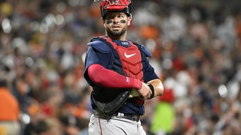 Sep 10, 2022; Baltimore, Maryland, USA;  Boston Red Sox catcher Kevin Plawecki (25) looks toward the crowd during the seventh inning against the Baltimore Orioles at Oriole Park at Camden Yards. Mandatory Credit: James A. Pittman-USA TODAY Sports