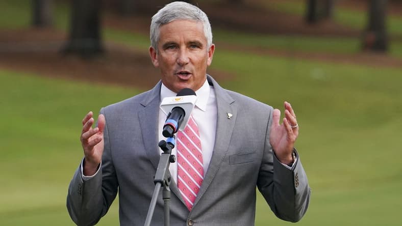 Sep 25, 2022; Charlotte, North Carolina, USA; PGA Tour commissioner Jay Monahan talks during the singles match play of the Presidents Cup golf tournament at Quail Hollow Club. Mandatory Credit: Peter Casey-USA TODAY Sports