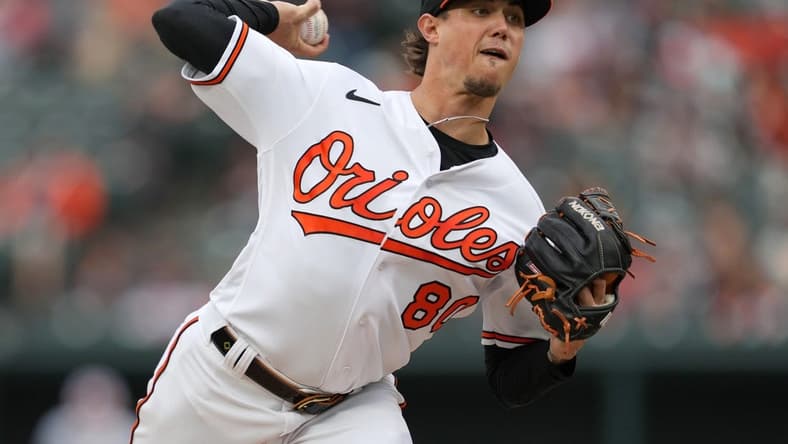Oct 5, 2022; Baltimore, Maryland, USA; Baltimore Orioles pitcher Spenser Watkins (80) delivers in the first inning  against the Toronto Blue Jays at Oriole Park at Camden Yards. Mandatory Credit: Mitch Stringer-USA TODAY Sports