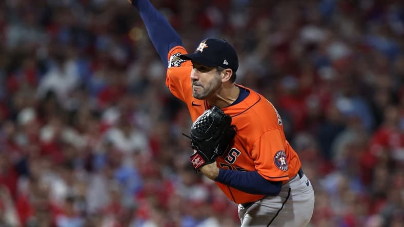 Nov 3, 2022; Philadelphia, Pennsylvania, USA; Houston Astros starting pitcher Justin Verlander (35) throws a pitch against the Philadelphia Phillies during the first inning in game five of the 2022 World Series at Citizens Bank Park. Mandatory Credit: Bill Streicher-USA TODAY Sports