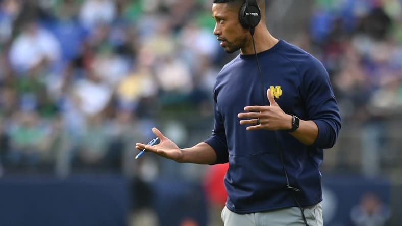 Notre Dame Fighting Irish head coach Marcus Freeman during the second half against the Navy Midshipmen at M&T Bank Stadium. Mandatory Credit: Tommy Gilligan-USA TODAY Sports