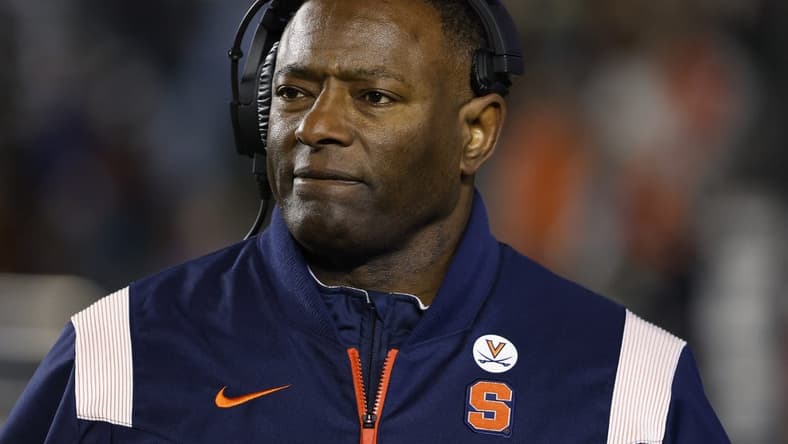 Nov 26, 2022; Chestnut Hill, Massachusetts, USA; Syracuse Orange head coach Dino Babers looks on during the second half against the Boston College Eagles at Alumni Stadium. Mandatory Credit: Winslow Townson-USA TODAY Sports