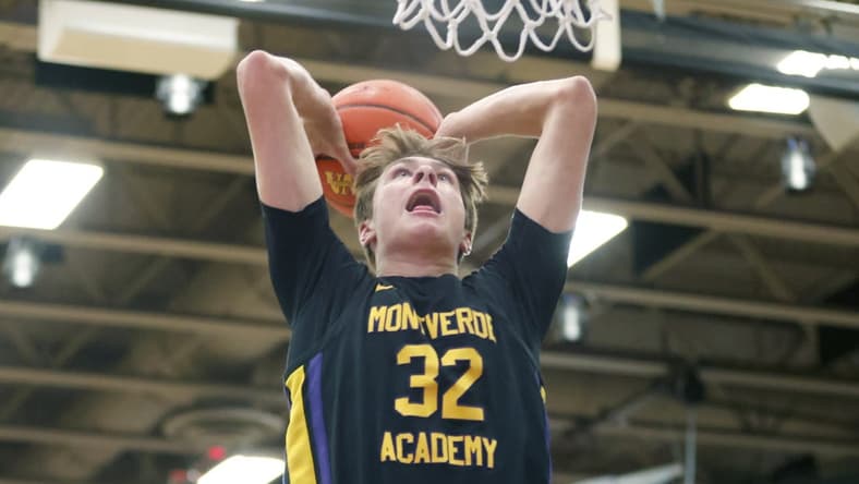 Dec 1, 2022; Montverde, Florida, USA; Montverde Academy forward Cooper Flagg (32) dunks the ball during the second quarter of the Sunshine Classic basketball tournament against IMG Academy at Mills Championship Court on the campus of Montverde Academy. Mandatory Credit: Reinhold Matay-USA TODAY Sports