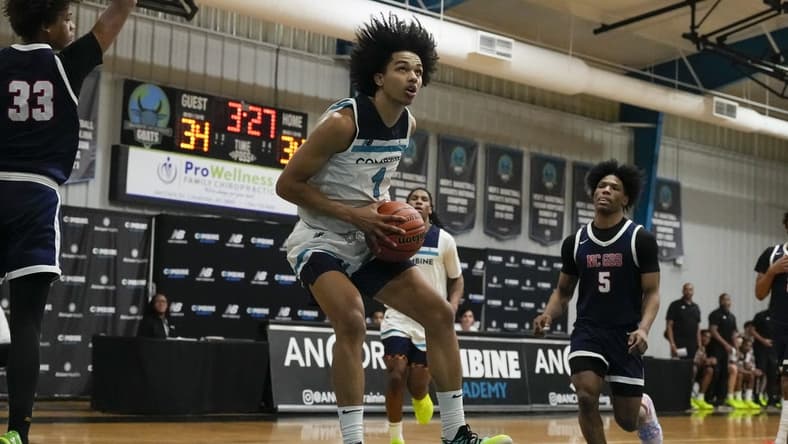 Dec 7, 2022; Lincolnton, NC, USA;  Forward Trentyn Flowers grabs a rebound at Combine Academy. Mandatory Credit: Jim Dedmon-USA TODAY Sports