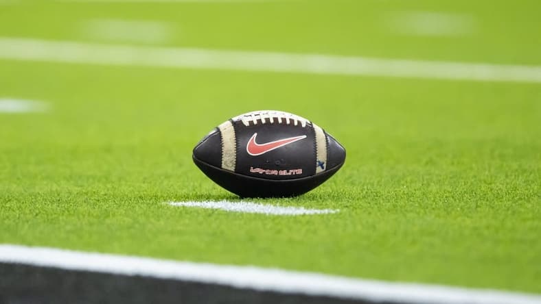 Jan 9, 2023; Inglewood, CA, USA; Detailed view of a Nike football on the field during the Georgia Bulldogs game against the TCU Horned Frogs during the CFP national championship game at SoFi Stadium. Mandatory Credit: Mark J. Rebilas-USA TODAY Sports