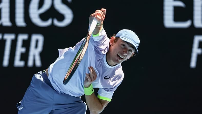 Jan 21, 2023; Melbourne, VICTORIA, Australia; Alex de Minaur from Australia during his third round match against Benjamin Bonzi from France on day six of the 2023 Australian Open tennis tournament at Melbourne Park. Mandatory Credit: Mike Frey-USA TODAY Sports