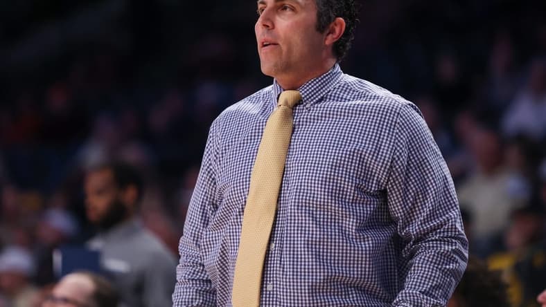 Feb 15, 2023; Atlanta, Georgia, USA; Georgia Tech Yellow Jackets head coach Josh Pastner on the sideline against the Virginia Tech Hokies in the first half at McCamish Pavilion. Mandatory Credit: Brett Davis-USA TODAY Sports