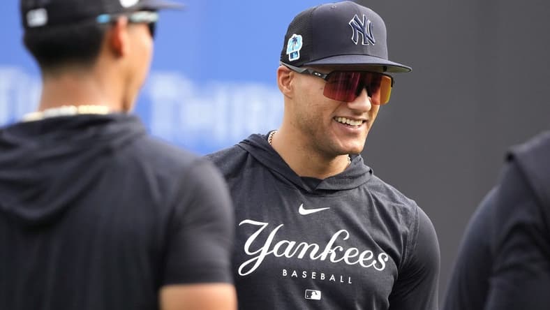 Feb 24, 2023; Tampa, FL, USA; New York Yankees center fielder Everson Pereira (93) warms up before spring training practice at Steinbrenner Field in Tampa, Florida. Mandatory Credit: Dave Nelson-USA TODAY Sports