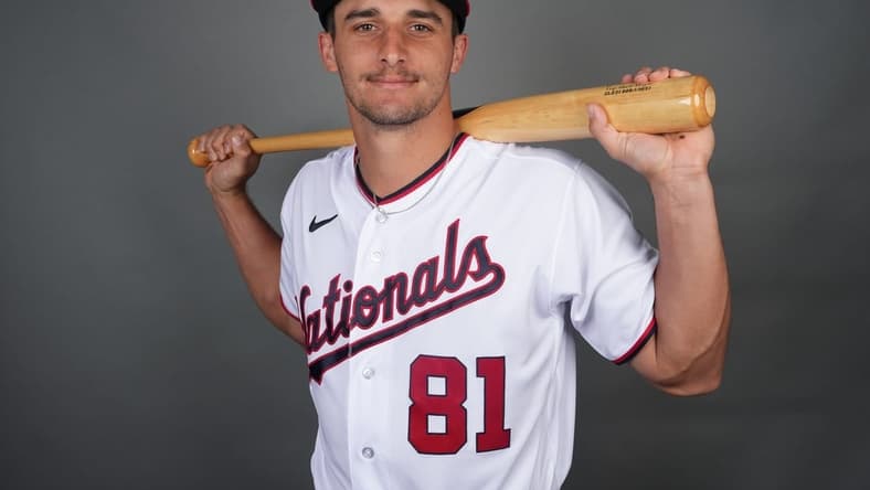 Feb 24, 2023; West Palm Beach, FL, USA;  Washington Nationals catcher Drew Millas (81). Mandatory Credit: Jim Rassol-USA TODAY Sports