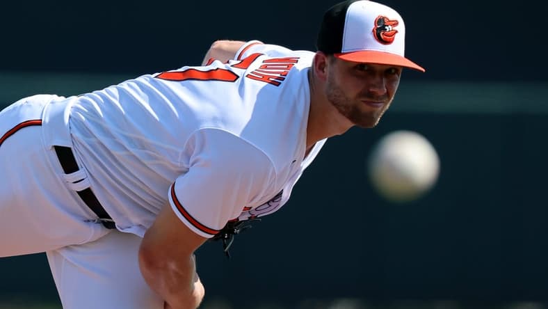 Mar 6, 2023; Sarasota, Florida, USA; Baltimore Orioles starting pitcher Austin Voth (51) throws a pitch during the fifth inning against the Philadelphia Phillies at Ed Smith Stadium. Mandatory Credit: Kim Klement-USA TODAY Sports