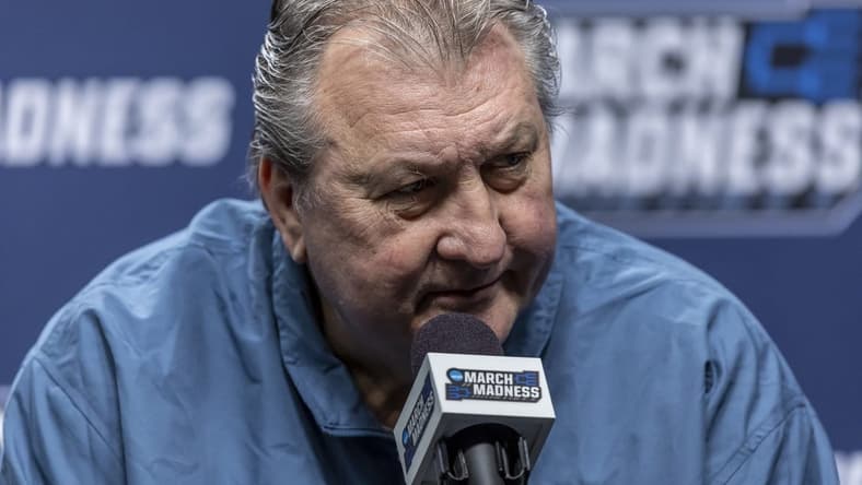 Mar 15, 2023; Birmingham, AL, USA; West Virginia Mountaineers head coach Bob Huggins talks with the media before practice at Legacy Arena. Mandatory Credit: Vasha Hunt-USA TODAY Sports