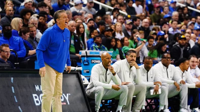 Mar 17, 2023; Greensboro, NC, USA; Kentucky Wildcats head coach John Calipari reacts in the second half against the Providence Friars at Greensboro Coliseum. Mandatory Credit: John David Mercer-USA TODAY Sports