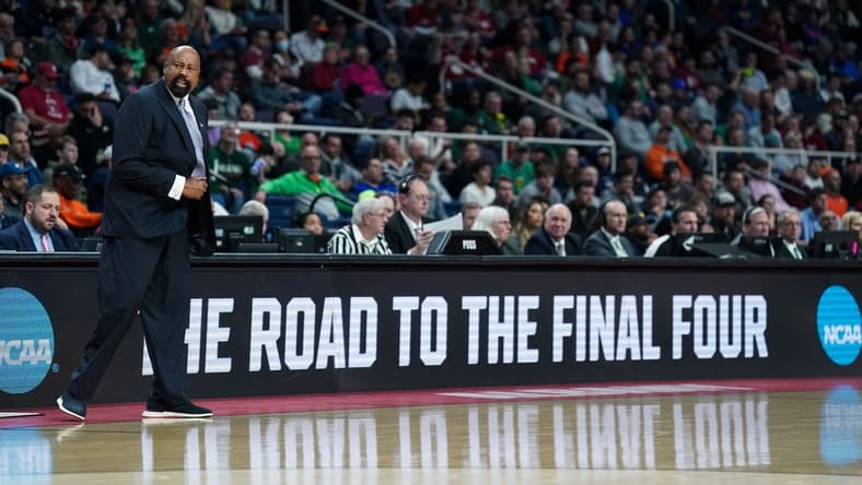 Mar 17, 2023; Albany, NY, USA; Indiana Hoosiers head coach Mike Woodson reacts in the first half against the Kent State Golden Flashes at MVP Arena. Mandatory Credit: David Butler II-USA TODAY Sports