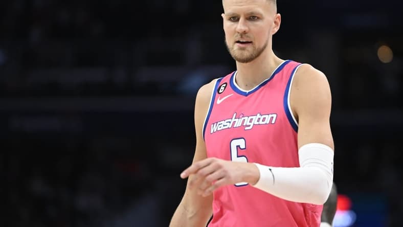 Mar 22, 2023; Washington, District of Columbia, USA; Washington Wizards center Kristaps Porzingis (6) on the court against the Denver Nuggets during the second half at Capital One Arena. Mandatory Credit: Brad Mills-USA TODAY Sports