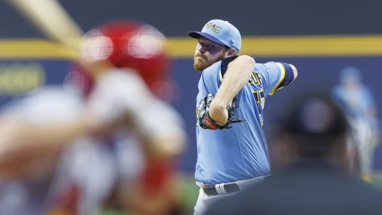 Apr 7, 2023; Milwaukee, Wisconsin, USA;  Milwaukee Brewers pitcher Brandon Woodruff (53) throws a pitch during the first inning against the St. Louis Cardinals at American Family Field. Mandatory Credit: Jeff Hanisch-USA TODAY Sports