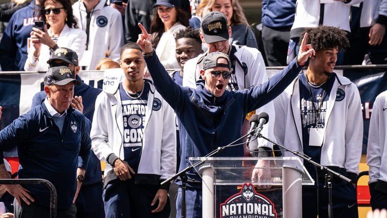 Apr 8, 2023; Hartford, CT, USA; UConn Huskies head coach Dan Hurley reacts to the crowd as he and the team are honored with a parade through downtown Hartford. Mandatory Credit: David Butler II-USA TODAY Sports
