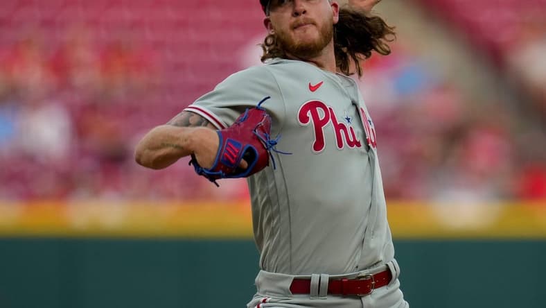 Philadelphia Phillies starting pitcher Bailey Falter (70) throws a pitch in the second inning of the MLB National League game between the Cincinnati Reds and the Philadelphia Phillies at Great American Ball Park in downtown Cincinnati on Thursday, April 13, 2023. The Reds won 6-2.
Philadelphia Phillies At Cincinnati Reds