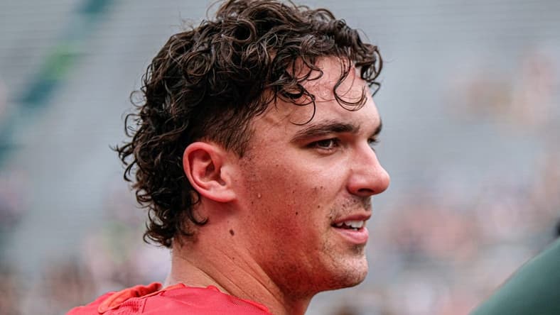 Quarterback Payton Thorne (10) takes a break between shifts at the Spring Game at Spartan Stadium Saturday, April 15, 2023.

Spring Game 15