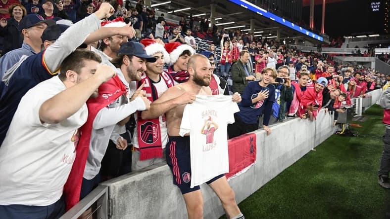 Apr 15, 2023; St. Louis, Missouri, USA; St. Louis City forward Klauss (9) celebrates with fans after a game against FC Cincinnati at CITYPARK. Mandatory Credit: Scott Rovak-USA TODAY Sports