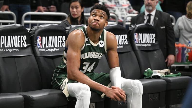 Apr 26, 2023; Milwaukee, Wisconsin, USA; Milwaukee Bucks forward Giannis Antetokounmpo (34) sits on the bench after a 128-126 loss to the Miami Heat during game five of the 2023 NBA Playoffs at Fiserv Forum. Mandatory Credit: Michael McLoone-USA TODAY Sports