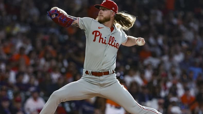 Apr 30, 2023; Houston, Texas, USA; Philadelphia Phillies starting pitcher Bailey Falter (70) delivers a pitch during the first inning against the Houston Astros at Minute Maid Park. Mandatory Credit: Troy Taormina-USA TODAY Sports