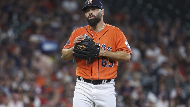 Apr 30, 2023; Houston, Texas, USA; Houston Astros starting pitcher Jose Urquidy (65) reacts during the game against the Philadelphia Phillies at Minute Maid Park. Mandatory Credit: Troy Taormina-USA TODAY Sports