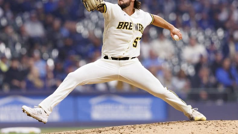 May 8, 2023; Milwaukee, Wisconsin, USA; Milwaukee Brewers pitcher Bennett Sousa (57) throws a pitch during the eighth inning against the Los Angeles Dodgers at American Family Field. Mandatory Credit: Jeff Hanisch-USA TODAY Sports