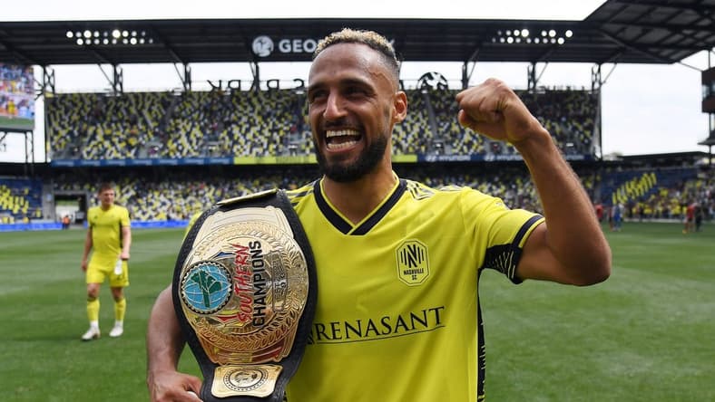 Apr 29, 2023; Nashville, Tennessee, USA; Nashville SC midfielder Hany Mukhtar (10) celebrates after a win against the Atlanta United at Geodis Park. Mandatory Credit: Christopher Hanewinckel-USA TODAY Sports