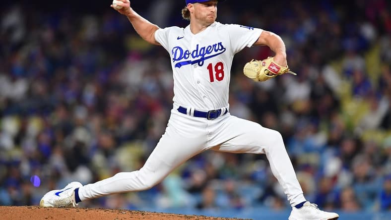 May 16, 2023; Los Angeles, California, USA; Los Angeles Dodgers relief pitcher Shelby Miller (18) throws against the Minnesota Twins during the fifth inning at Dodger Stadium. Mandatory Credit: Gary A. Vasquez-USA TODAY Sports