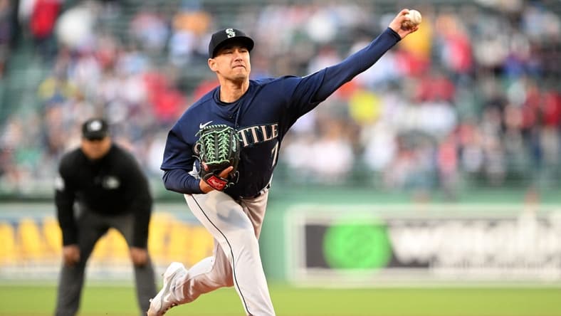 May 17, 2023; Boston, Massachusetts, USA; Seattle Mariners starting pitcher Marco Gonzales (7) pitches against the Boston Red Sox during the first inning at Fenway Park. Mandatory Credit: Brian Fluharty-USA TODAY Sports