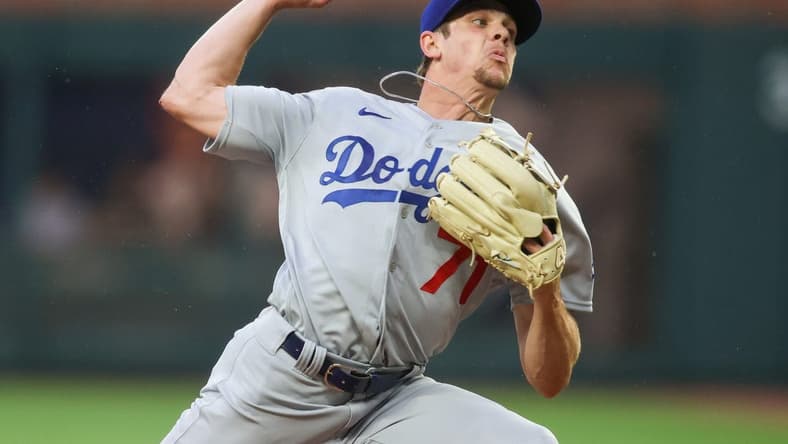 May 22, 2023; Atlanta, Georgia, USA; Los Angeles Dodgers starting pitcher Gavin Stone (71) throws against the Atlanta Braves in the first inning at Truist Park. Mandatory Credit: Brett Davis-USA TODAY Sports