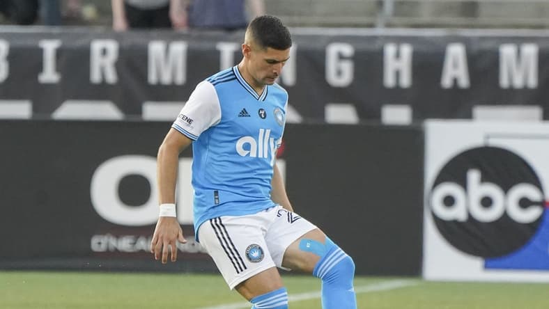 May 24, 2023; Birmingham, AL, USA; Charlotte FC defender Joseph Mora (28) controls the ball against Birmingham Legion FC during the first half at Protective Stadium. Mandatory Credit: Marvin Gentry-USA TODAY Sports
