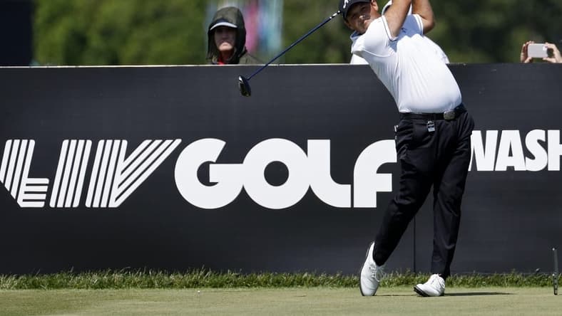 May 25, 2023; Washington, DC, USA; Patrick Reed hits his tee shot on the ninth hole during the Pro-Am tournament as part of the LIV Golf Washington D.C. 2023 event at Trump National Golf Club outside Washington DC. Mandatory Credit: Geoff Burke-USA TODAY Sports
