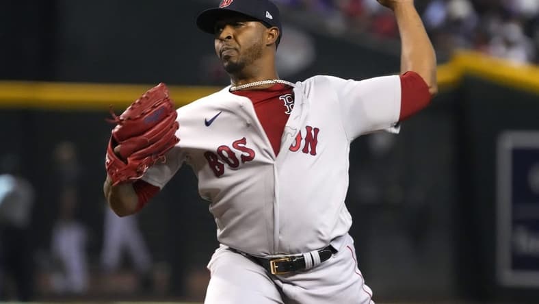 May 28, 2023; Phoenix, Arizona, USA; Boston Red Sox relief pitcher Joely Rodriguez (57) throws against the Arizona Diamondbacks in the fifth inning at Chase Field. Mandatory Credit: Rick Scuteri-USA TODAY Sports