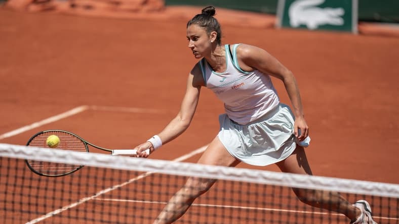 Jun 5 2023; Paris, France; Sara Sorribes Tormo (ESP) returns a shot against Beatriz Haddad Maia (BRA) on day nine at Stade Roland-Garros. Mandatory Credit: Susan Mullane-USA TODAY Sports