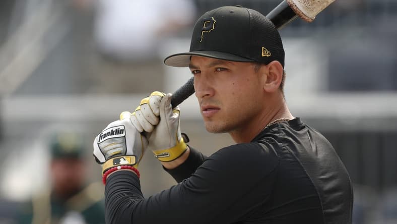 Jun 6, 2023; Pittsburgh, Pennsylvania, USA;  Pittsburgh Pirates infielder Mark Mathias (6) at the batting cage before the game against the Oakland Athletics at PNC Park. Mandatory Credit: Charles LeClaire-USA TODAY Sports