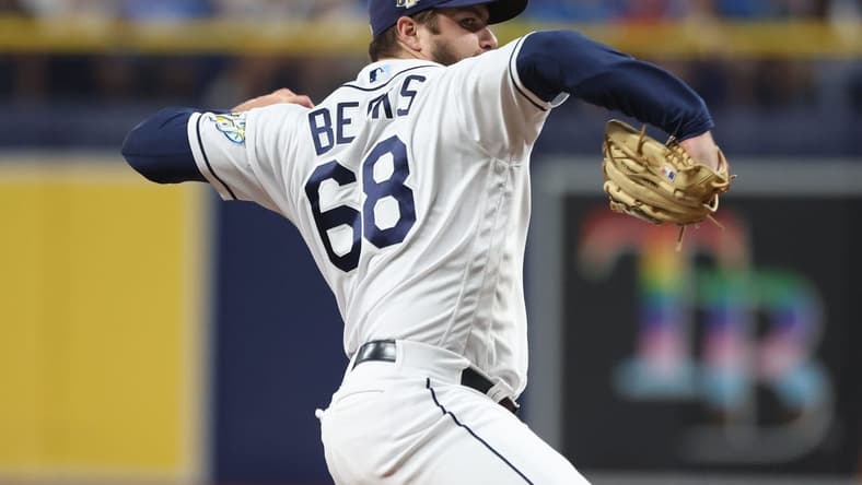 Jun 6, 2023; St. Petersburg, Florida, USA; Tampa Bay Rays relief pitcher Jalen Beeks (68) throws a pitch against the Minnesota Twins during the eighth inning at Tropicana Field. Mandatory Credit: Kim Klement-USA TODAY Sports