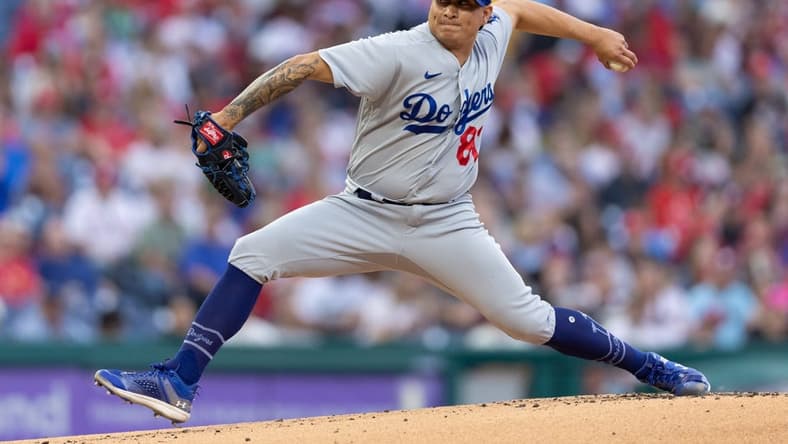 Jun 9, 2023; Philadelphia, Pennsylvania, USA; Los Angeles Dodgers relief pitcher Victor Gonzalez (81) throws a pitch during the first inning against the Philadelphia Phillies at Citizens Bank Park. Mandatory Credit: Bill Streicher-USA TODAY Sports