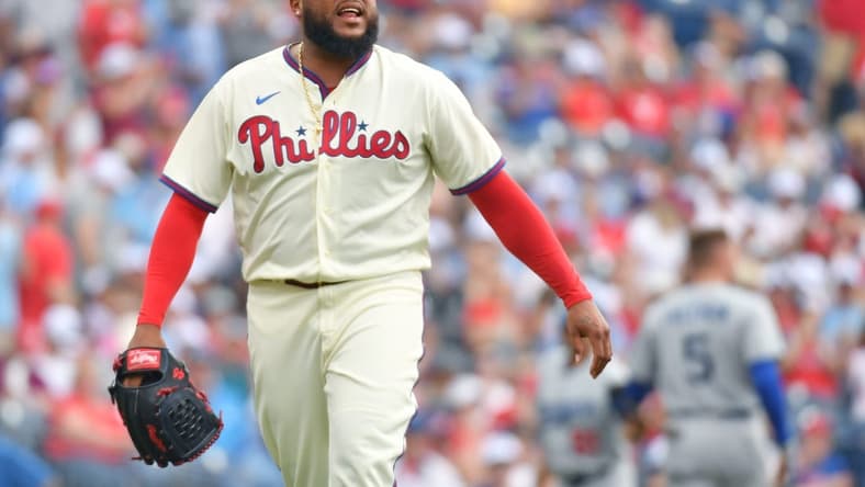 Jun 11, 2023; Philadelphia, Pennsylvania, USA; Philadelphia Phillies relief pitcher Jose Alvarado (46) reacts after a strikeout against the Los Angeles Dodgers to end the eighth inning at Citizens Bank Park. Mandatory Credit: Eric Hartline-USA TODAY Sports