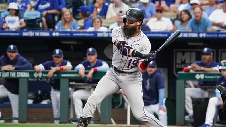 Jun 2, 2023; Kansas City, Missouri, USA; Colorado Rockies designated hitter Charlie Blackmon (19) at bat against the Kansas City Royals during the game at Kauffman Stadium. Mandatory Credit: Denny Medley-USA TODAY Sports