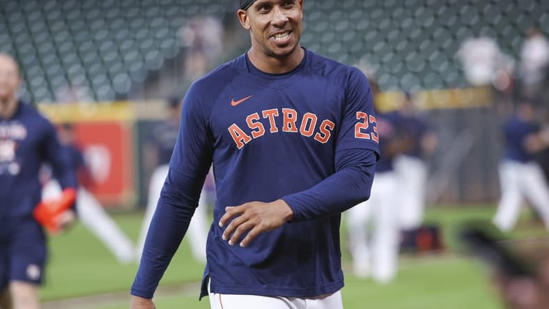 Jun 18, 2023; Houston, Texas, USA; Houston Astros outfielder Michael Brantley walks on the field before the game against the Cincinnati Reds at Minute Maid Park. Mandatory Credit: Troy Taormina-USA TODAY Sports