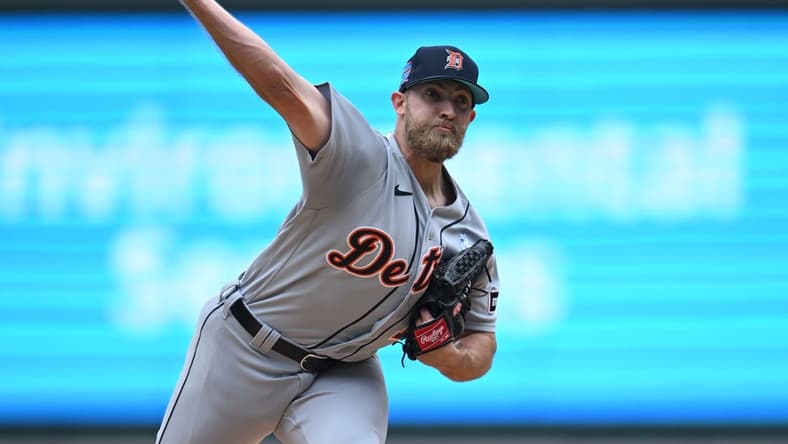 Jun 18, 2023; Minneapolis, Minnesota, USA; Detroit Tigers starting pitcher Will Vest (19) throws a pitch against the Minnesota Twins during the first inning at Target Field. Mandatory Credit: Jeffrey Becker-USA TODAY Sports