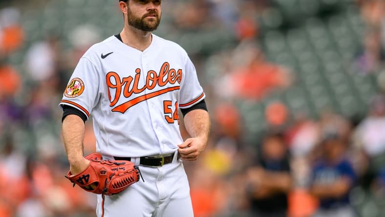 Jun 25, 2023; Baltimore, Maryland, USA; Baltimore Orioles relief pitcher Danny Coulombe (54) looks on during the eighth inning against the Seattle Mariners at Oriole Park at Camden Yards. Mandatory Credit: Reggie Hildred-USA TODAY Sports